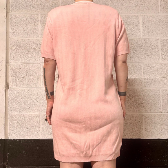Vintage Baby Pink Short Sleeve Ribbed Knit Mini Sweater Dress Size xLarge - Picture 2 of 6